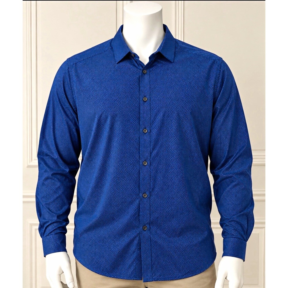 MICHAEL KORS Men's Luxe Cotton Tall Dress Shirt Blue Geometric 17.5 38/39